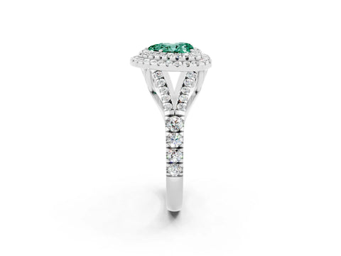 White gold Heart Cut Green Sapphire Double Halo Ring with Split Shank and Prong Setting_57