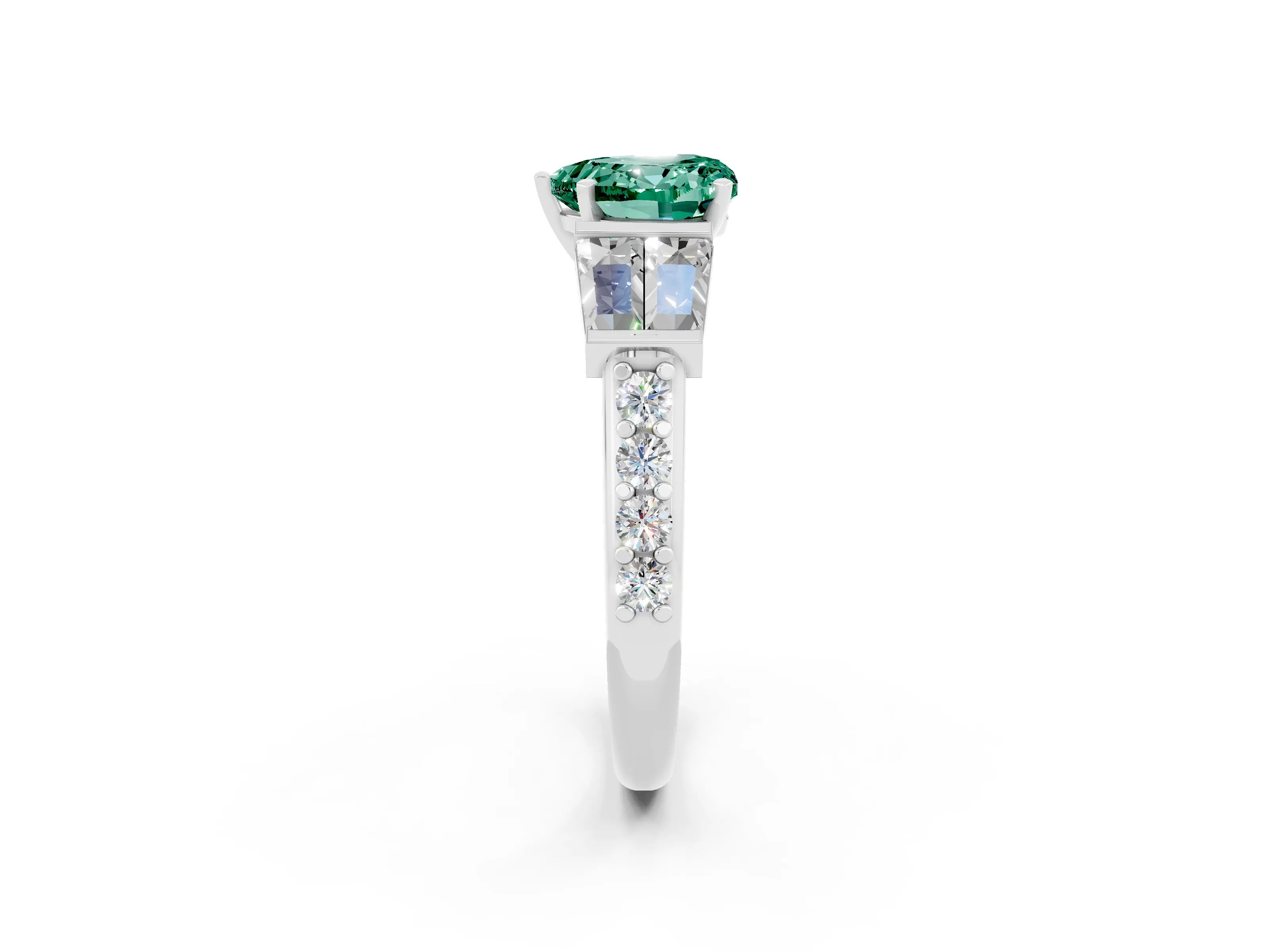 White gold Heart Cut Green Sapphire Engagement Ring with Baguette Side Stones and Channel Set Band_2