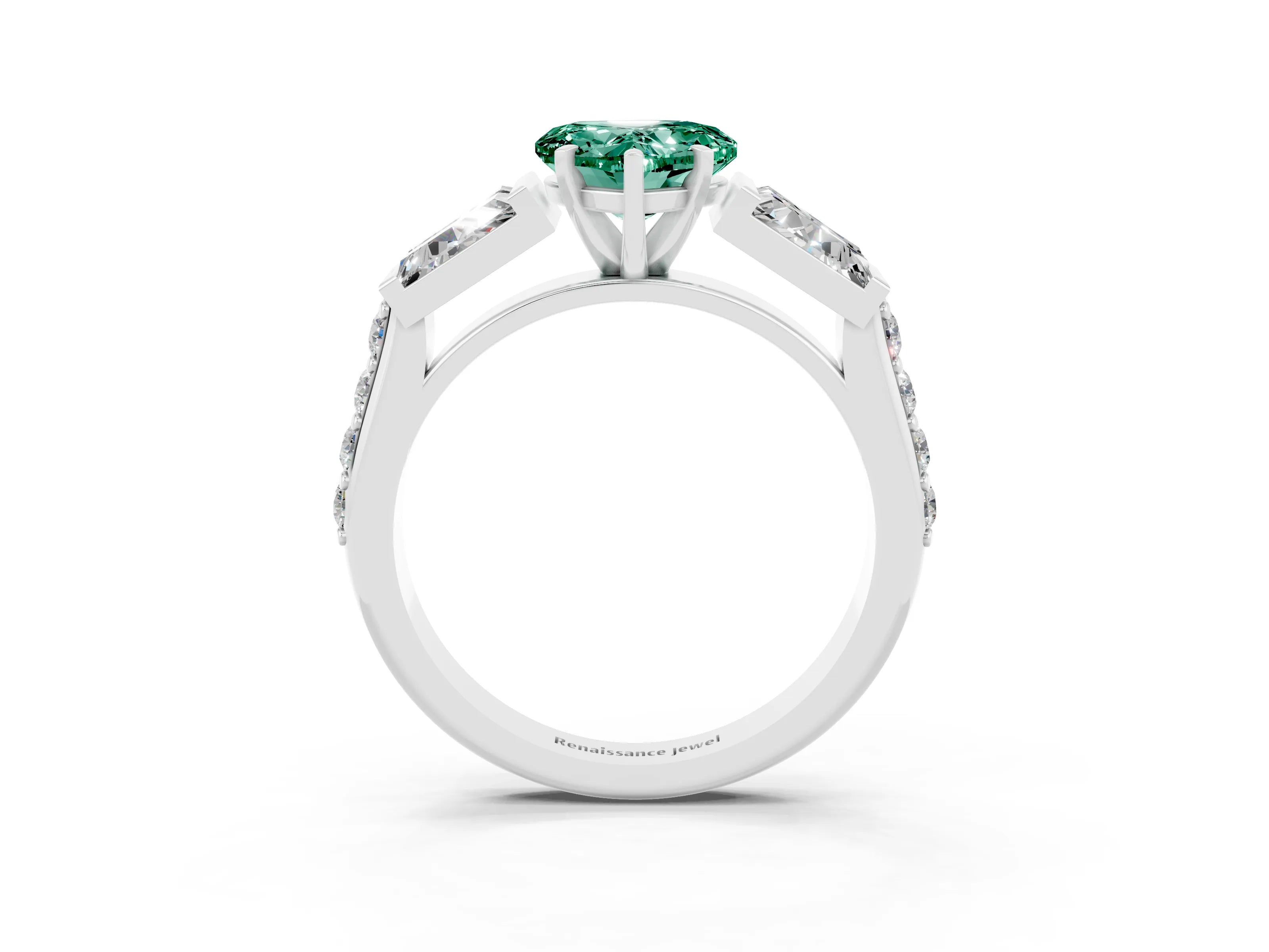 White gold Heart Cut Green Sapphire Engagement Ring with Baguette Side Stones and Channel Set Band_3
