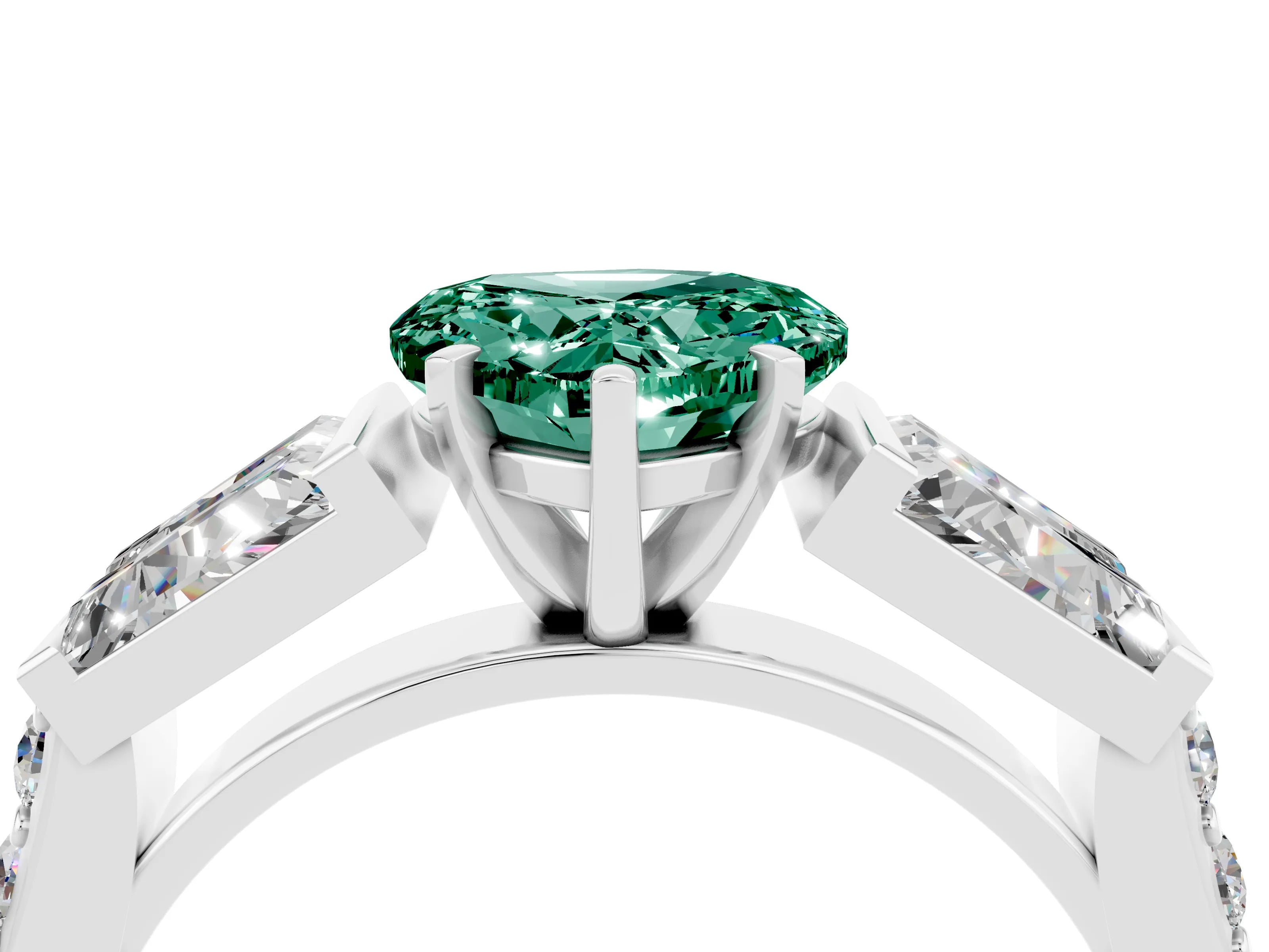 White gold Heart Cut Green Sapphire Engagement Ring with Baguette Side Stones and Channel Set Band_4