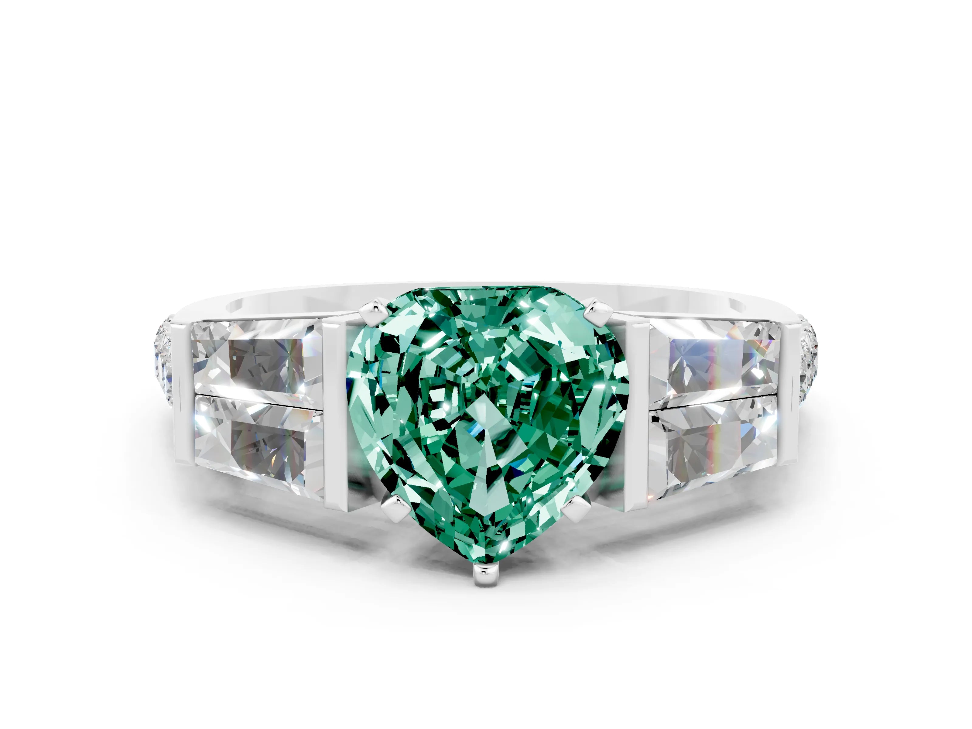 White gold Heart Cut Green Sapphire Engagement Ring with Baguette Side Stones and Channel Set Band