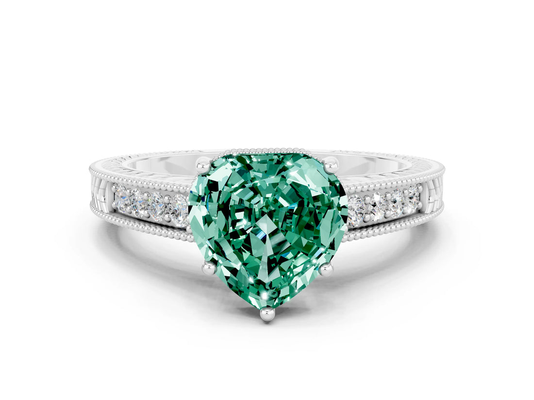 White gold Heart Cut Green Sapphire Engagement Ring with Milgrain Channel Set Band and Prong Setting