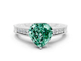 White gold Heart Cut Green Sapphire Engagement Ring with Milgrain Channel Set Band and Prong Setting