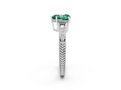 White gold Heart Cut Green Sapphire Engagement Ring with Milgrain Channel Set Band and Prong Setting_2