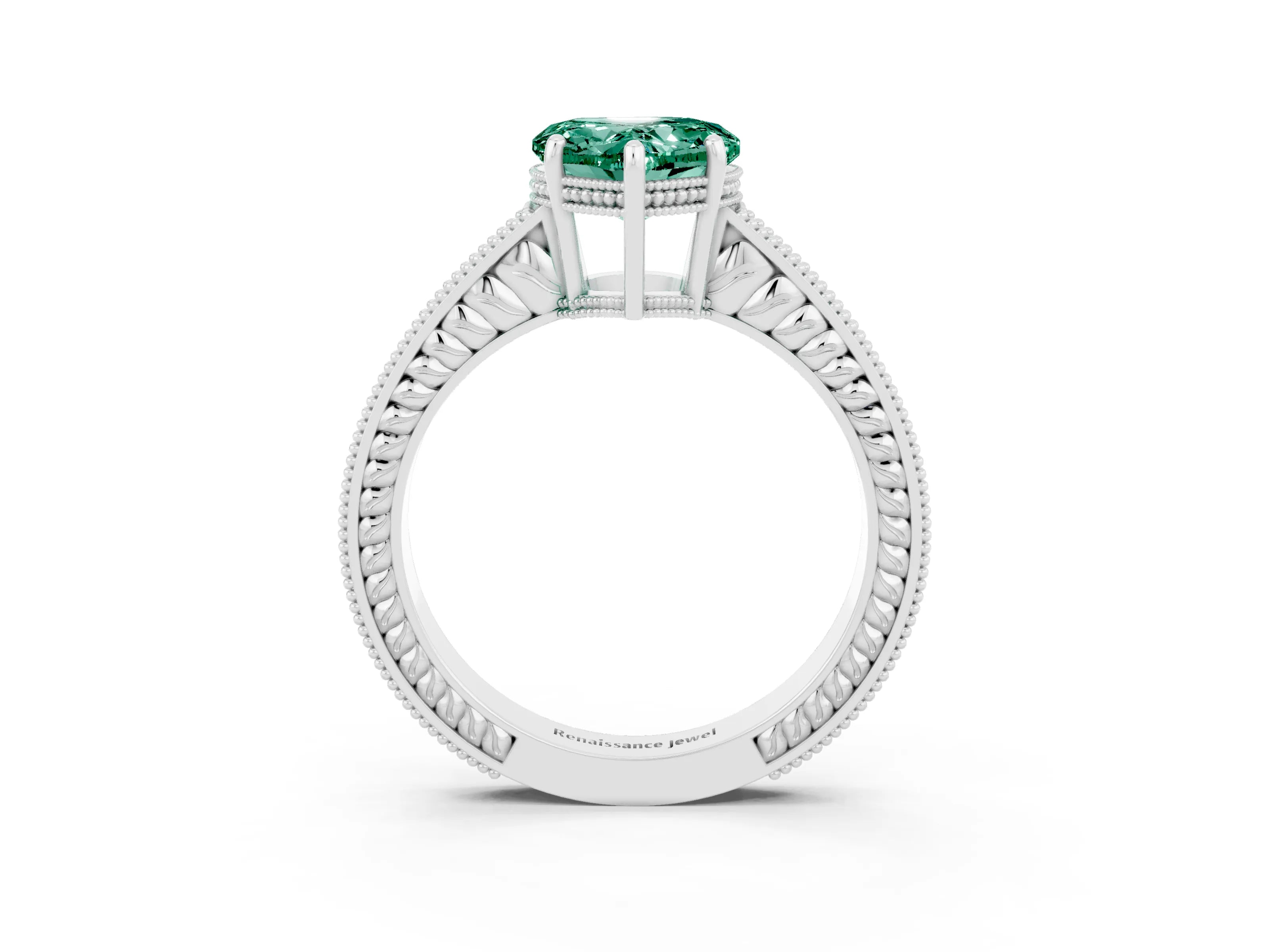 White gold Heart Cut Green Sapphire Engagement Ring with Milgrain Channel Set Band and Prong Setting_3