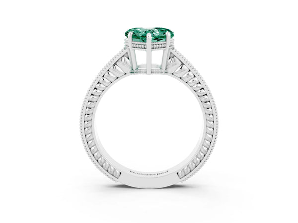Silver Heart Cut Green Sapphire Engagement Ring with Milgrain Channel Set Band and Prong Setting