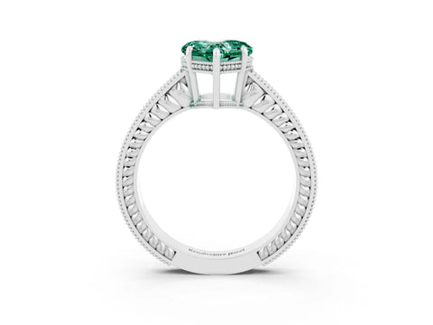 White gold Heart Cut Green Sapphire Engagement Ring with Milgrain Channel Set Band and Prong Setting_3