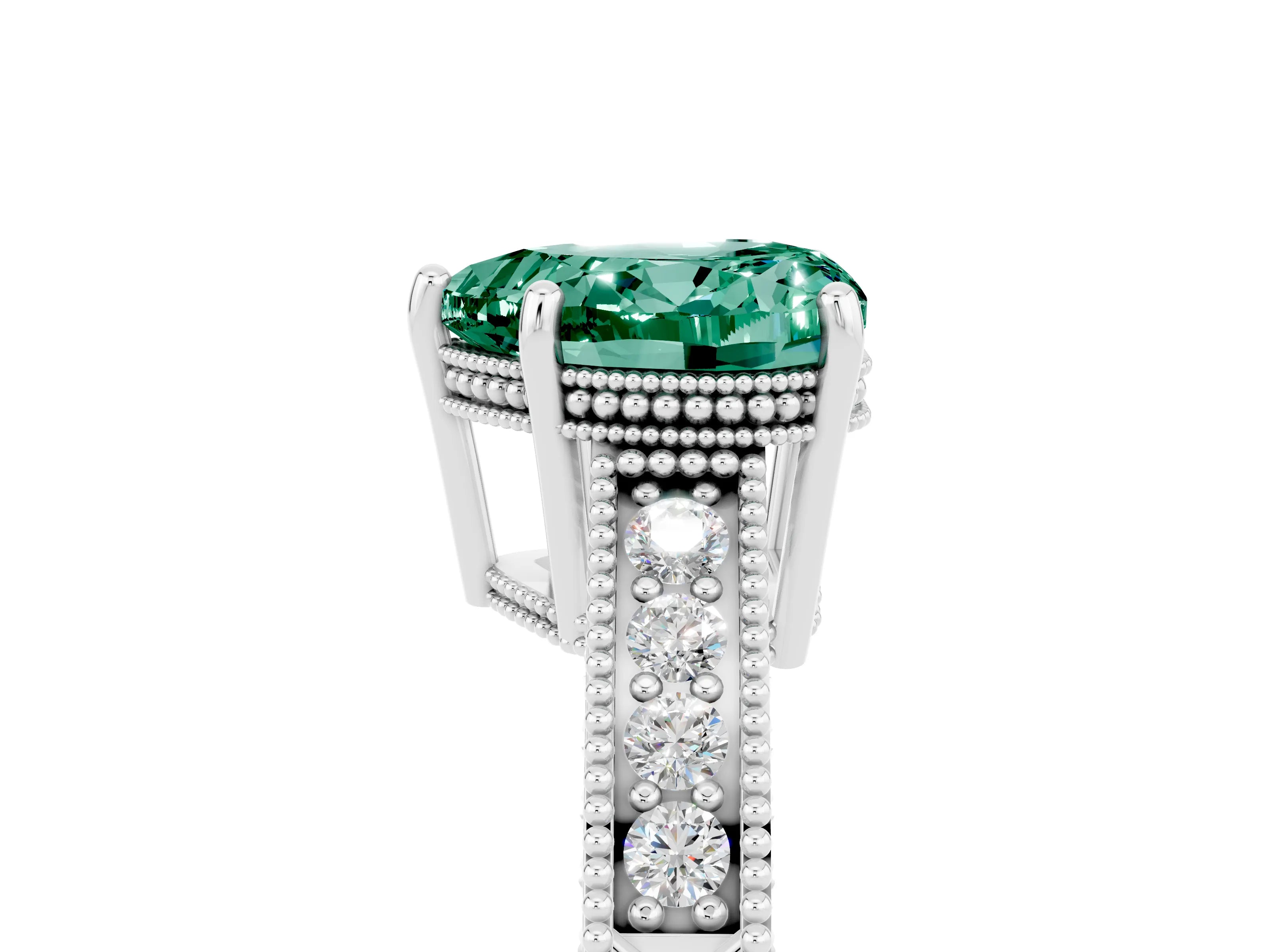 White gold Heart Cut Green Sapphire Engagement Ring with Milgrain Channel Set Band and Prong Setting_5