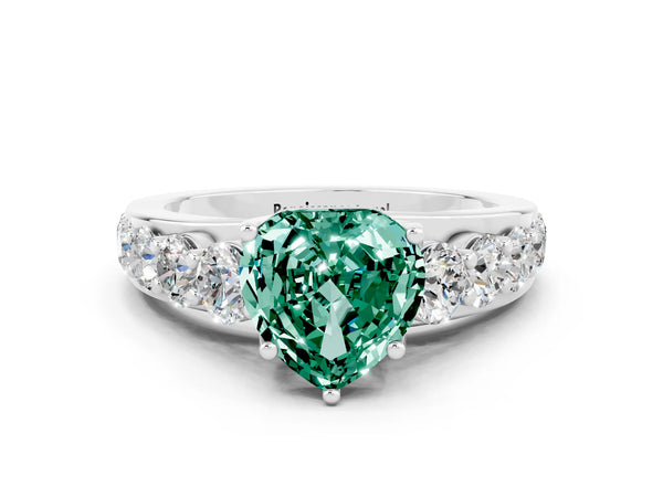 Platinum Heart Cut Green Sapphire Engagement Ring with Pavé Band and Four-Prong Setting