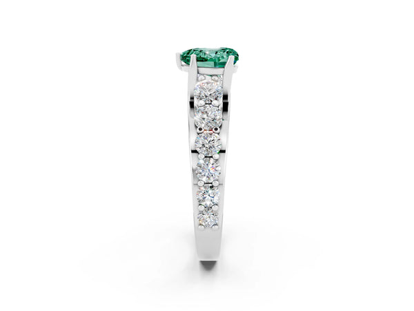 Silver Heart Cut Green Sapphire Engagement Ring with Pavé Band and Four-Prong Setting