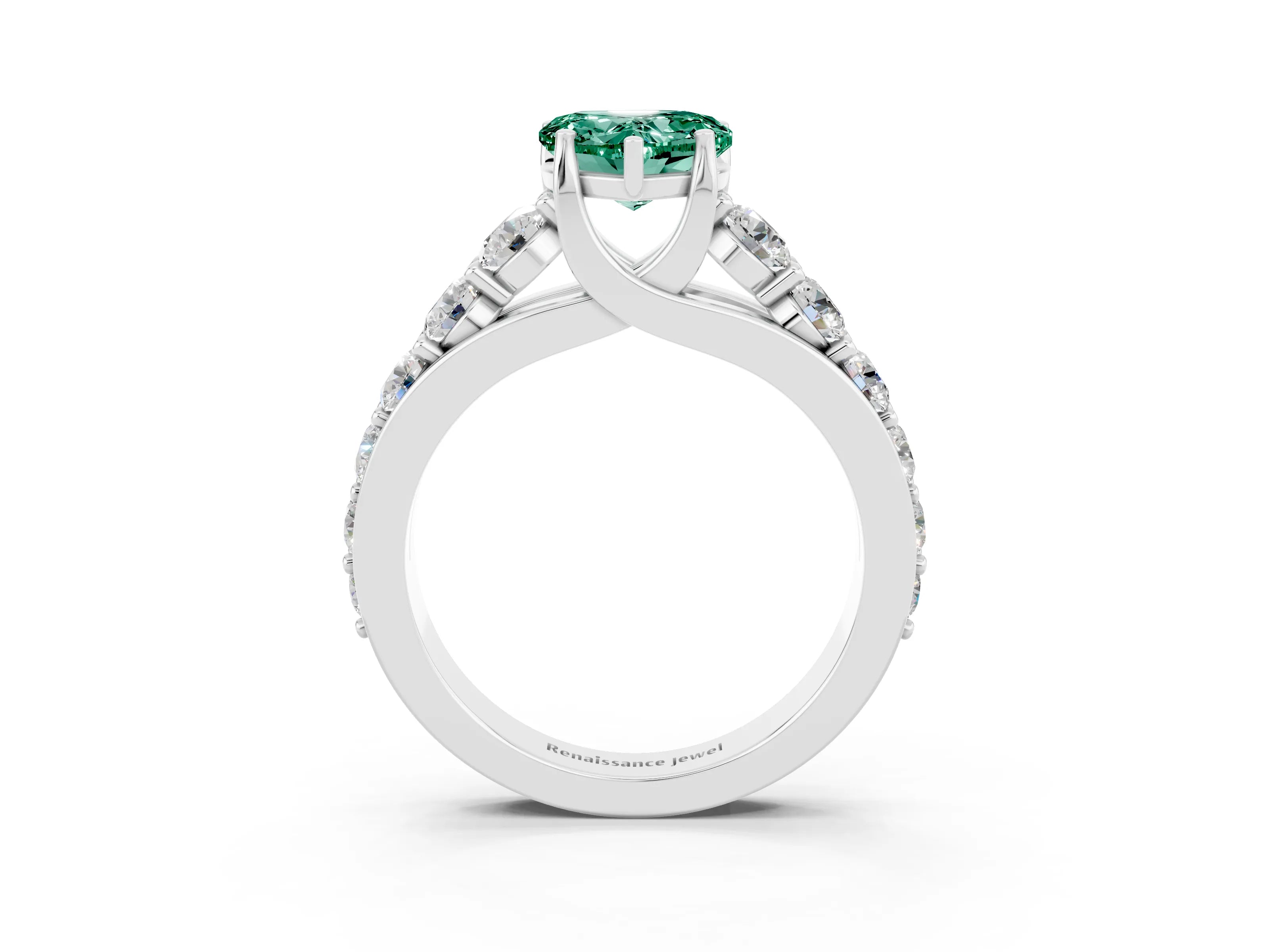 White gold Heart Cut Green Sapphire Engagement Ring with Pavé Band and Four-Prong Setting_3