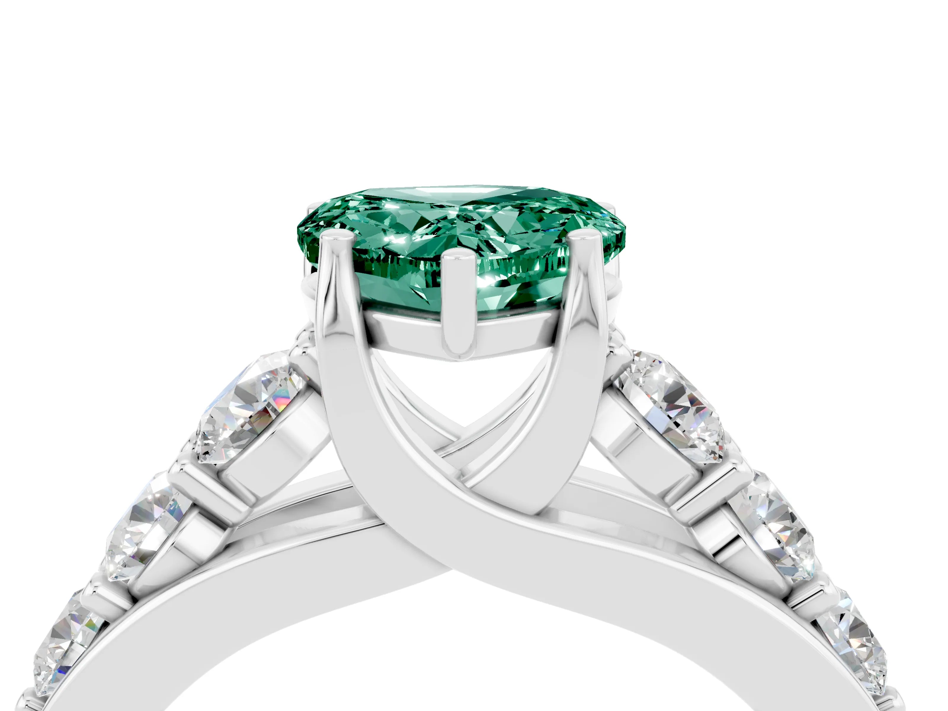 White gold Heart Cut Green Sapphire Engagement Ring with Pavé Band and Four-Prong Setting_4