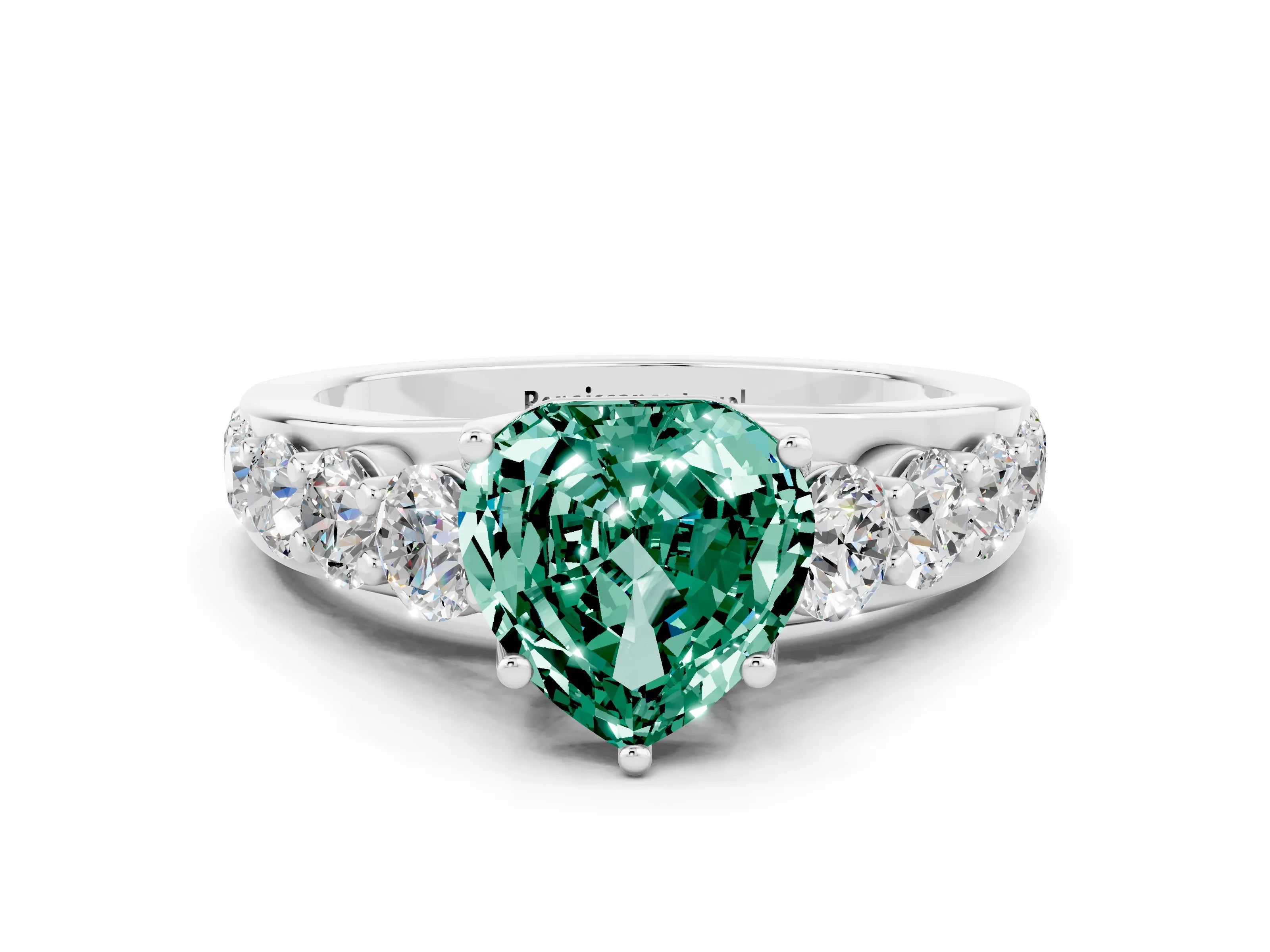 White gold Heart Cut Green Sapphire Engagement Ring with Pavé Band and Four-Prong Setting