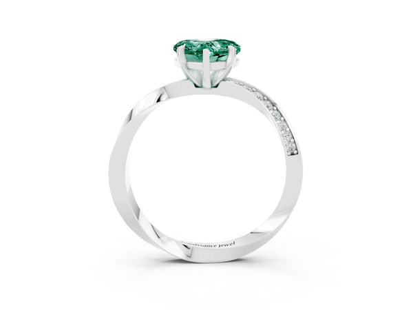 White gold Heart Cut Green Sapphire Engagement Ring with Side Stone Accents and Four-Prong Setting