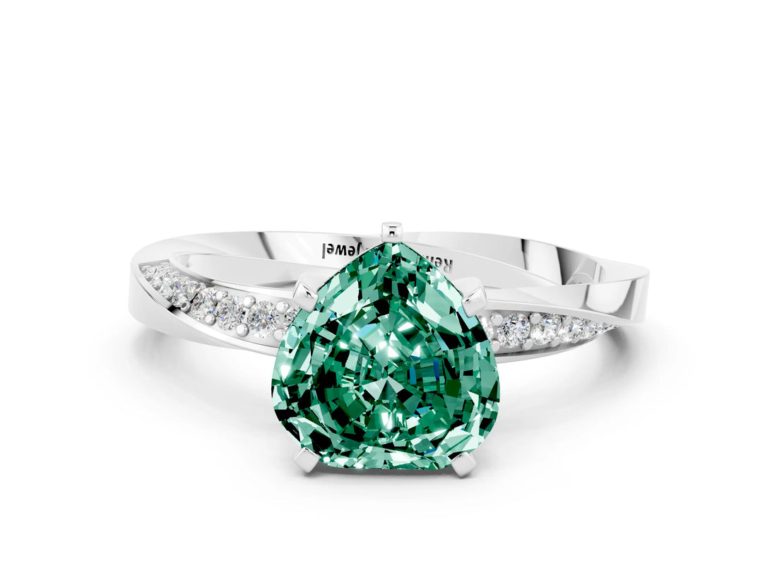White gold Heart Cut Green Sapphire Engagement Ring with Side Stone Accents and Four-Prong Setting_72