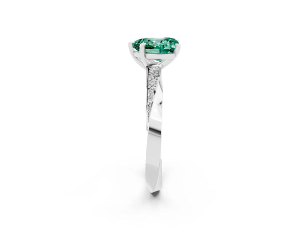 White gold Heart Cut Green Sapphire Engagement Ring with Side Stone Accents and Four-Prong Setting