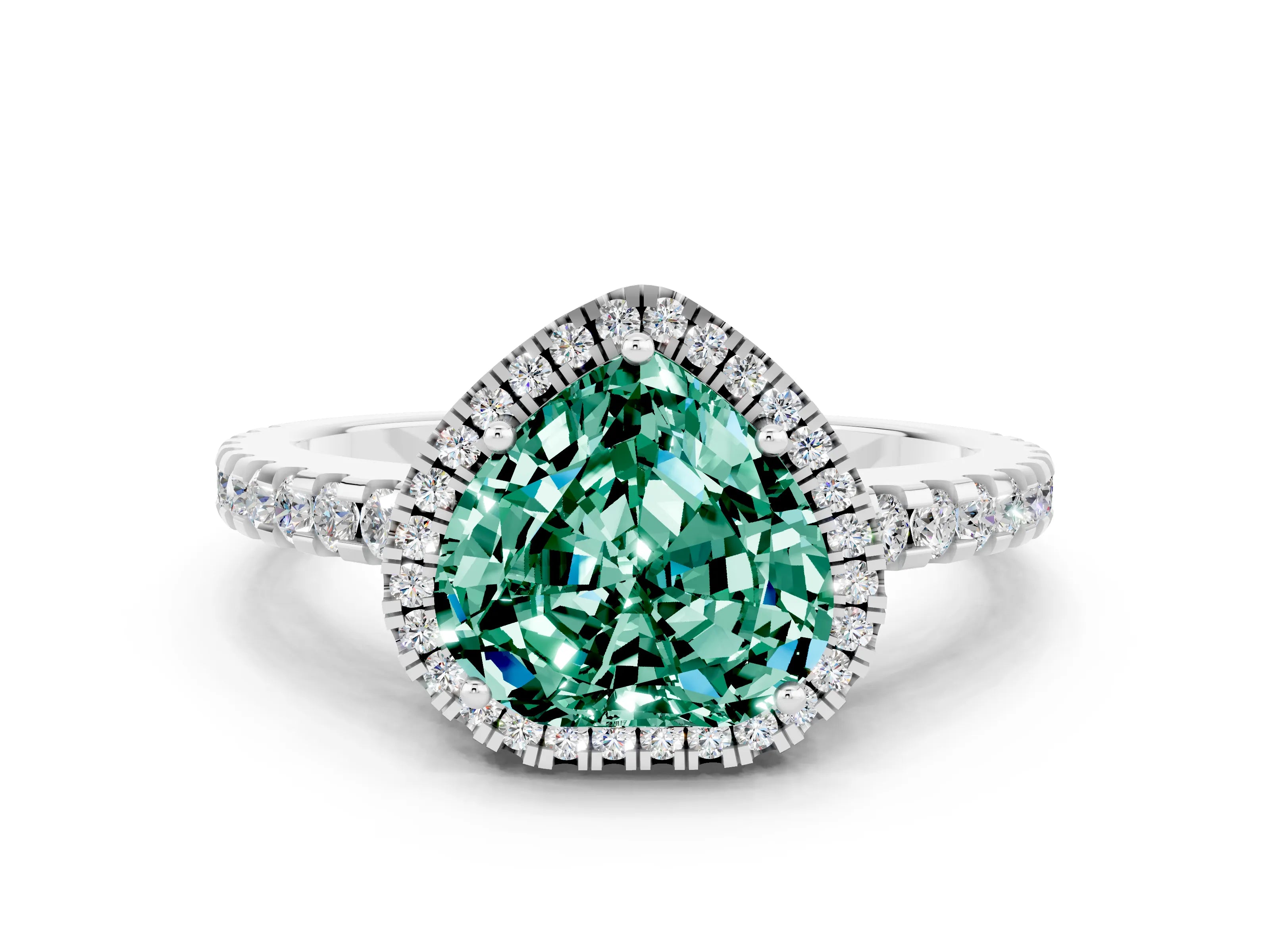 White gold Heart Cut Green Sapphire Halo Engagement Ring with Pavé Band and Prong Setting_12