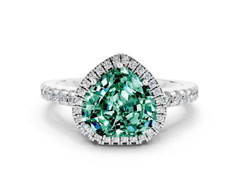White gold Heart Cut Green Sapphire Halo Engagement Ring with Pavé Band and Prong Setting_12
