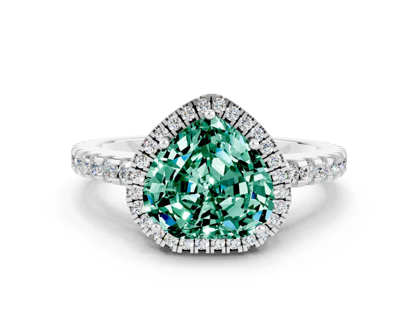 White gold Heart Cut Green Sapphire Halo Engagement Ring with Pavé Band and Prong Setting