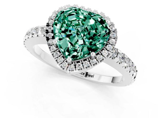 White gold Heart Cut Green Sapphire Halo Engagement Ring with Pavé Band and Prong Setting