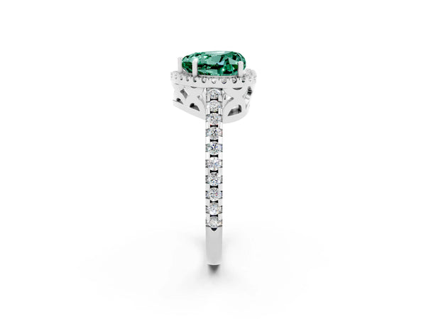 Platinum Heart Cut Green Sapphire Halo Engagement Ring with Pavé Band and Prong Setting