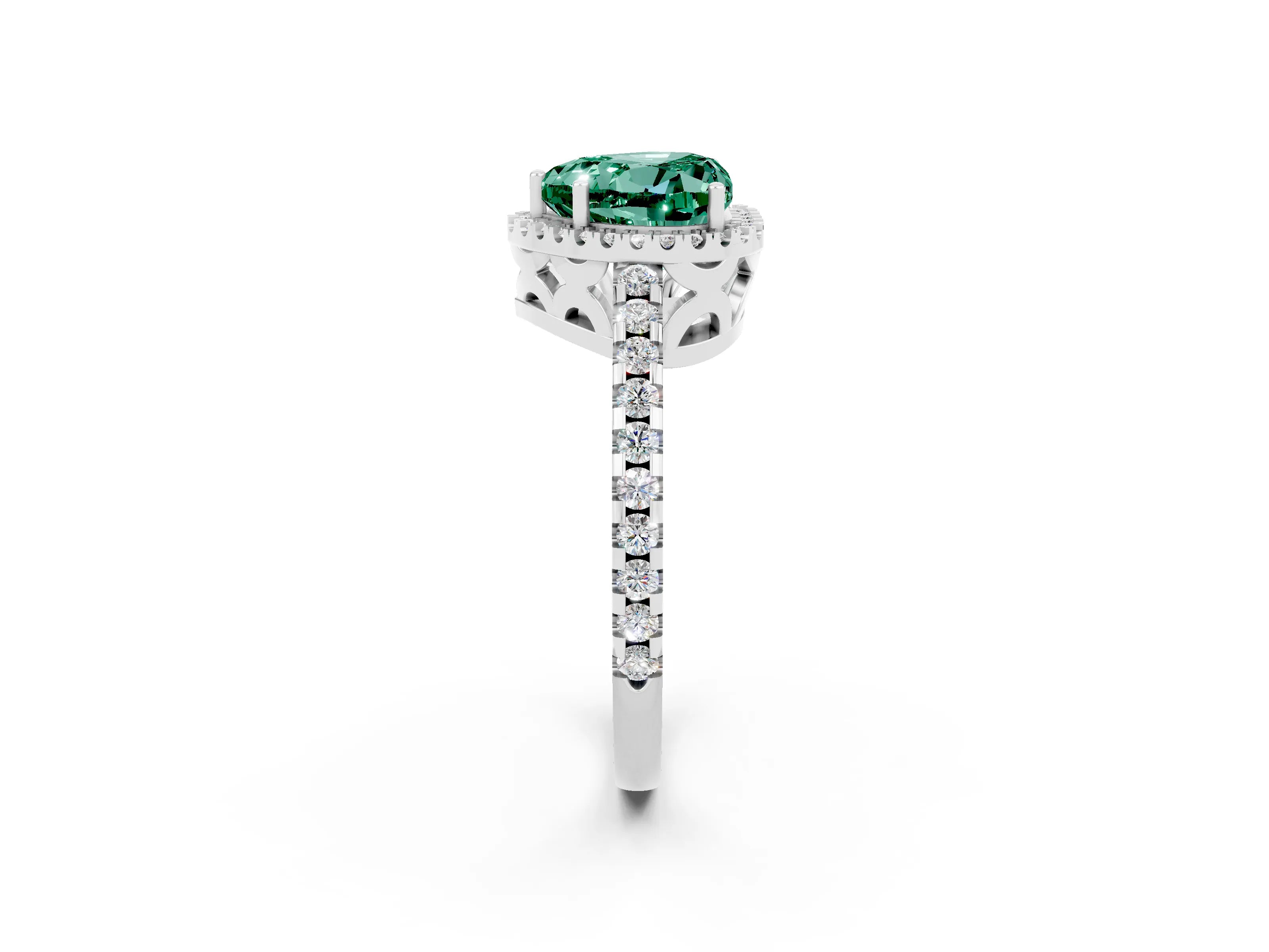 White gold Heart Cut Green Sapphire Halo Engagement Ring with Pavé Band and Prong Setting_14
