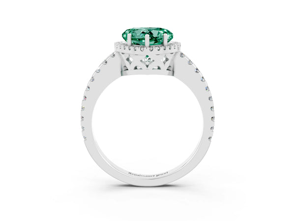 Platinum Heart Cut Green Sapphire Halo Engagement Ring with Pavé Band and Prong Setting