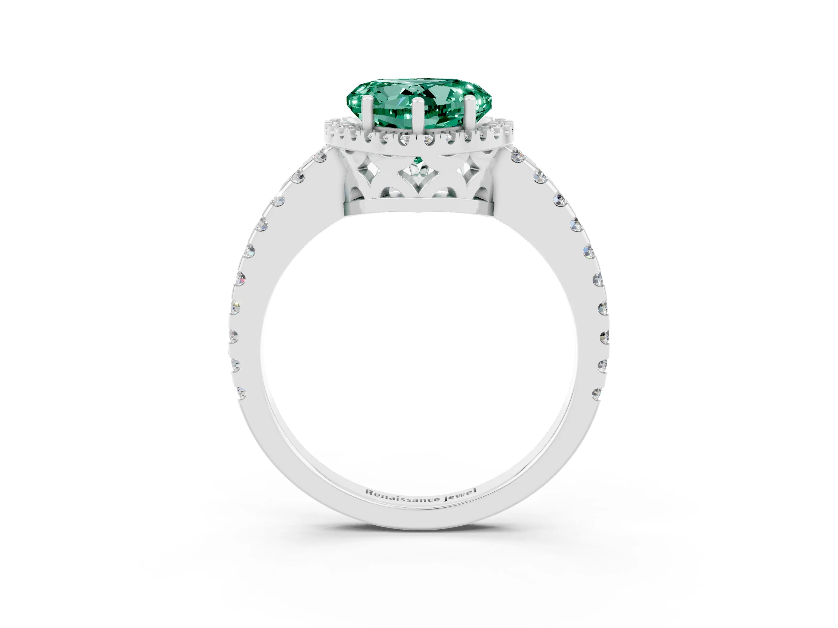 White gold Heart Cut Green Sapphire Halo Engagement Ring with Pavé Band and Prong Setting_15