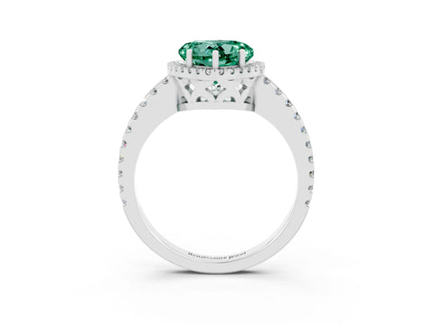 White gold Heart Cut Green Sapphire Halo Engagement Ring with Pavé Band and Prong Setting_15