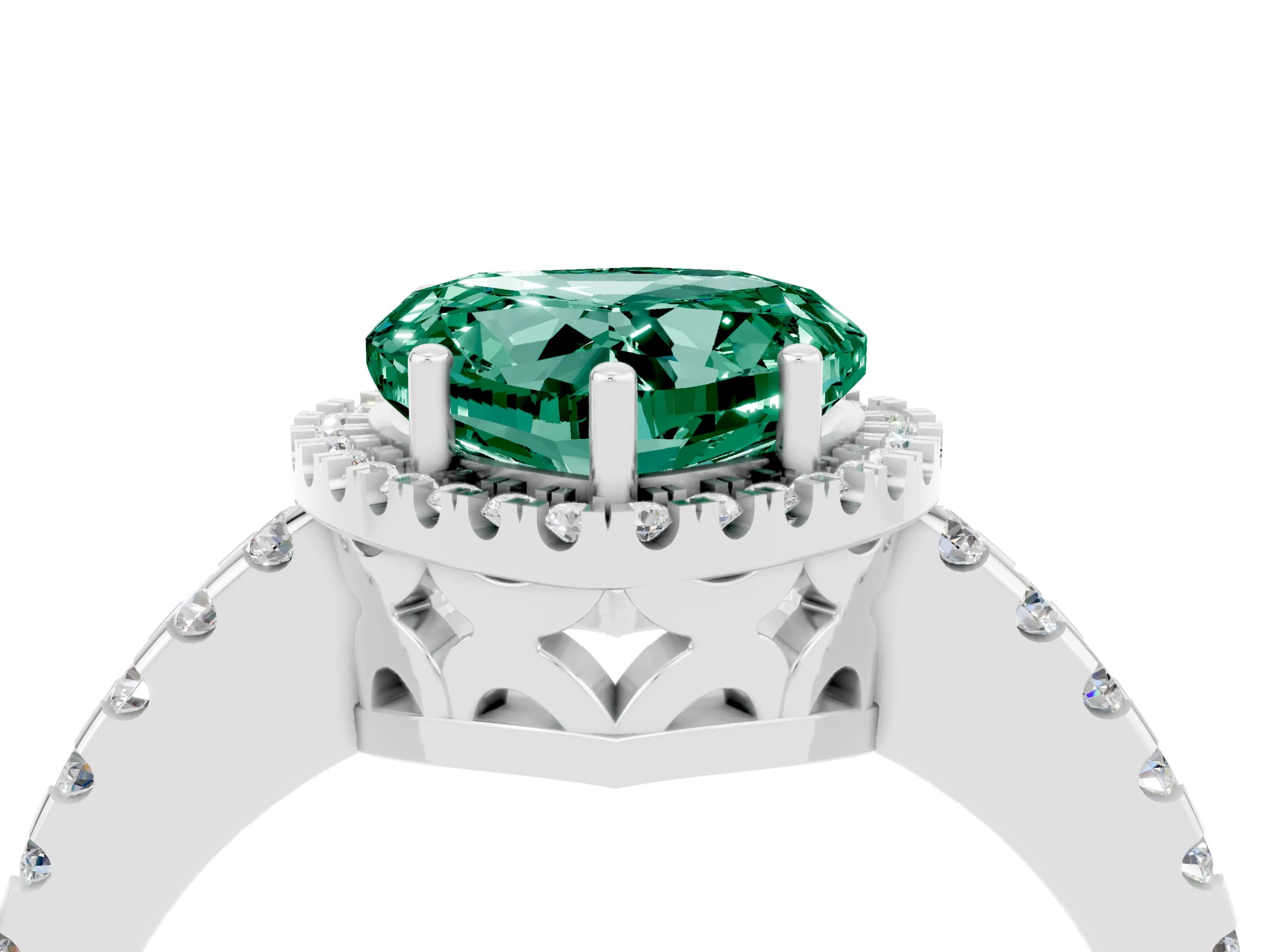 White gold Heart Cut Green Sapphire Halo Engagement Ring with Pavé Band and Prong Setting_16
