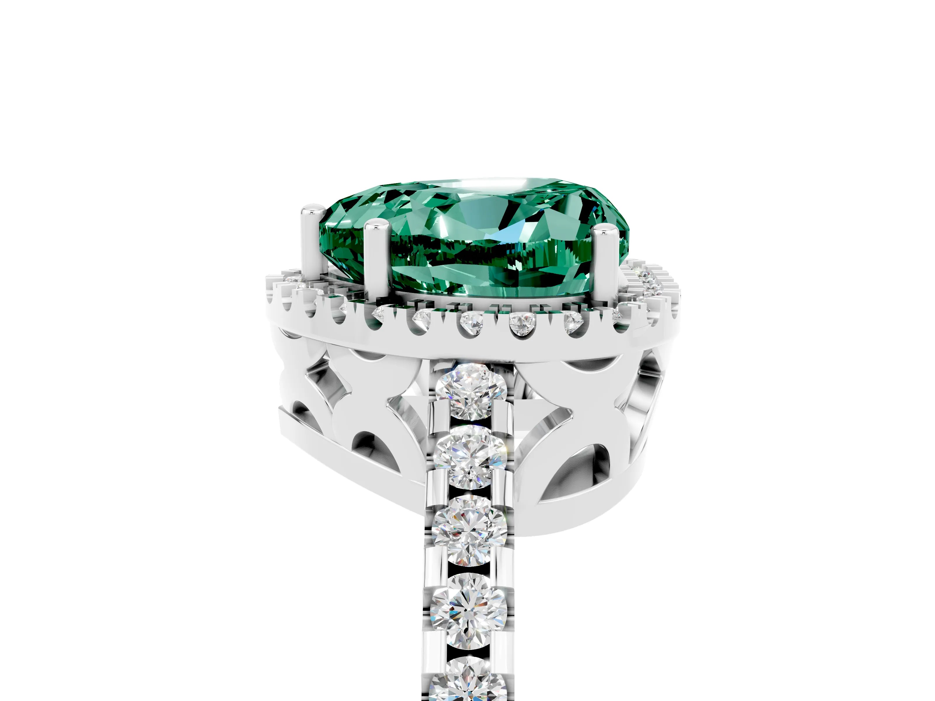 White gold Heart Cut Green Sapphire Halo Engagement Ring with Pavé Band and Prong Setting_17