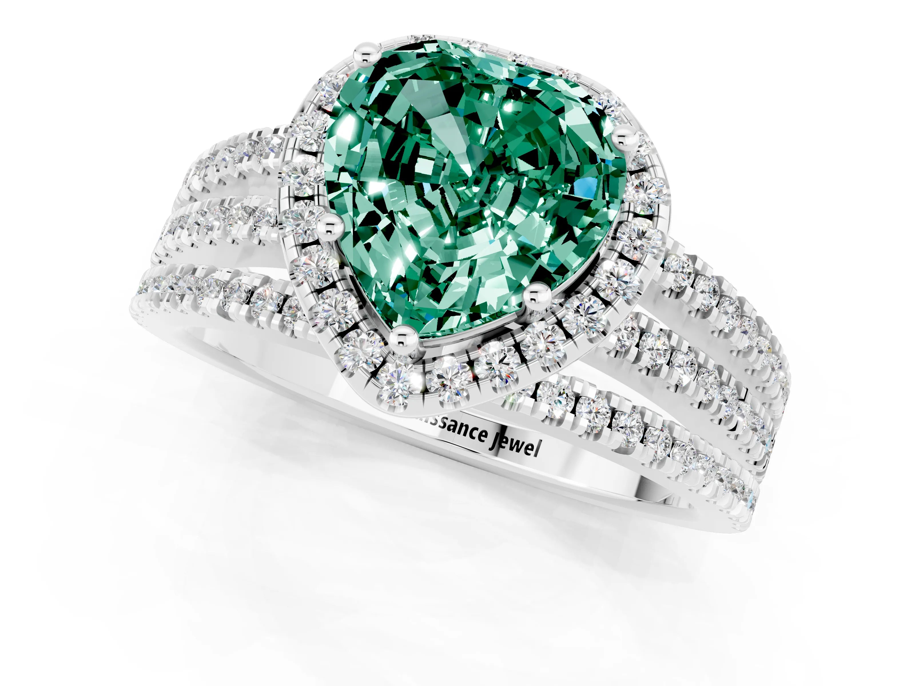 White gold Heart Cut Green Sapphire Halo Engagement Ring with Split Shank and Four-Prong Setting_1
