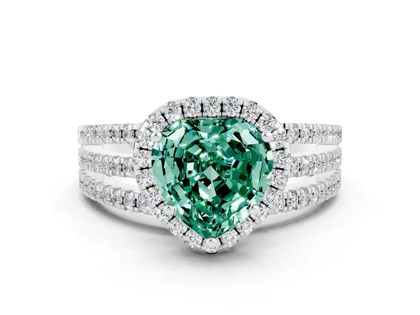 White gold Heart Cut Green Sapphire Halo Engagement Ring with Split Shank and Four-Prong Setting