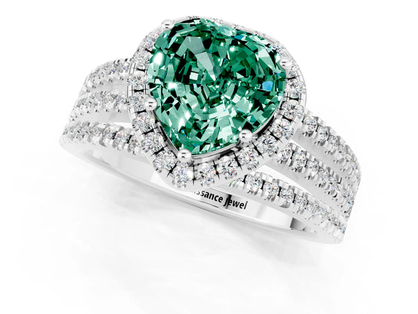 White gold Heart Cut Green Sapphire Halo Engagement Ring with Split Shank and Four-Prong Setting