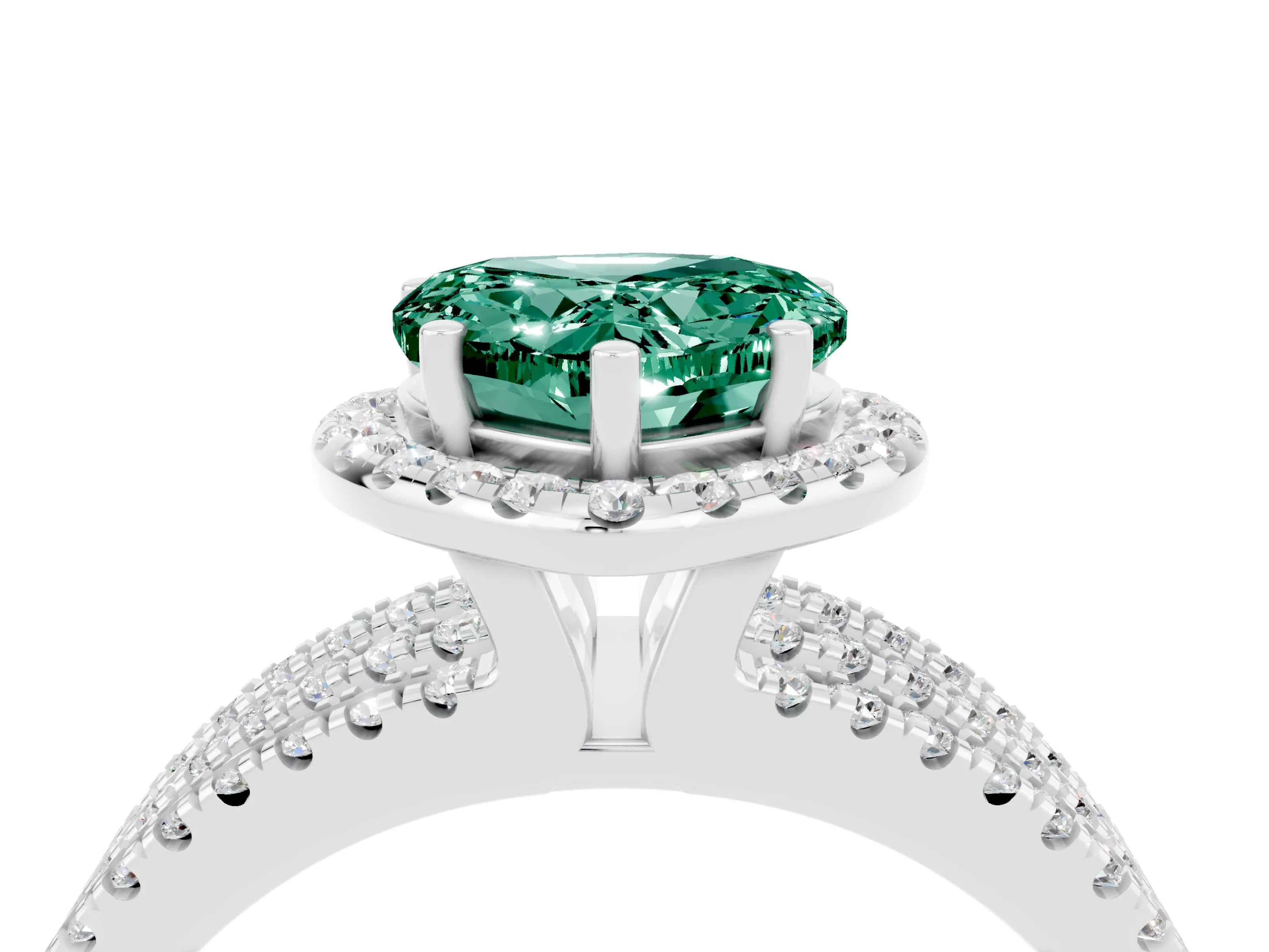 White gold Heart Cut Green Sapphire Halo Engagement Ring with Split Shank and Four-Prong Setting_16