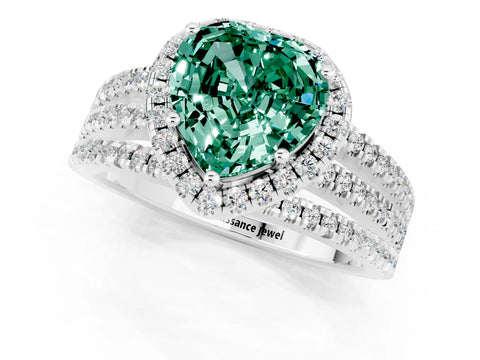 White gold Heart Cut Green Sapphire Halo Engagement Ring with Split Shank and Four-Prong Setting_1