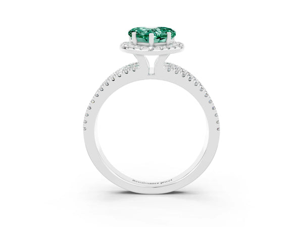 Silver Heart Cut Green Sapphire Halo Engagement Ring with Split Shank and Four-Prong Setting