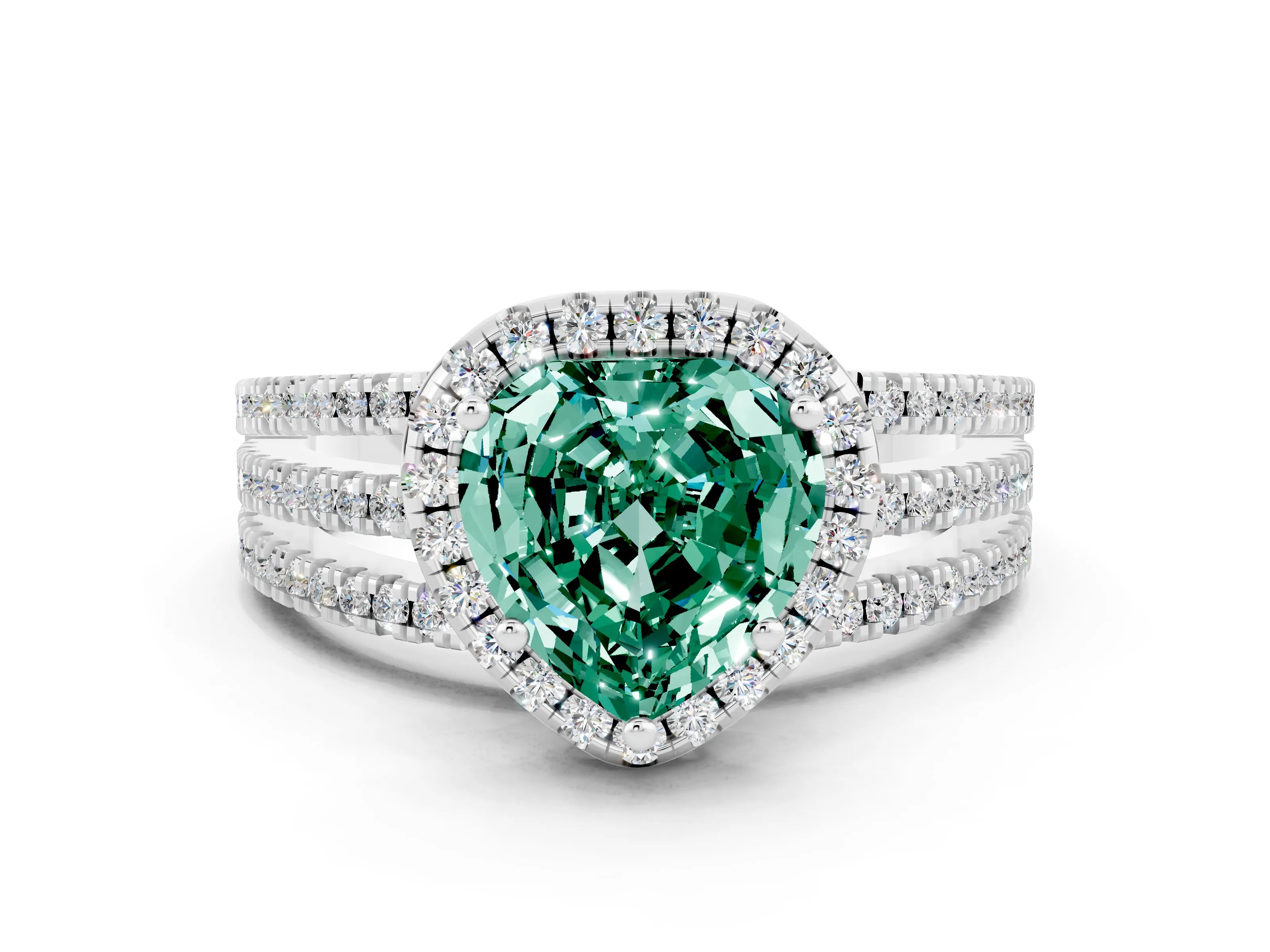 White gold Heart Cut Green Sapphire Halo Engagement Ring with Split Shank and Four-Prong Setting