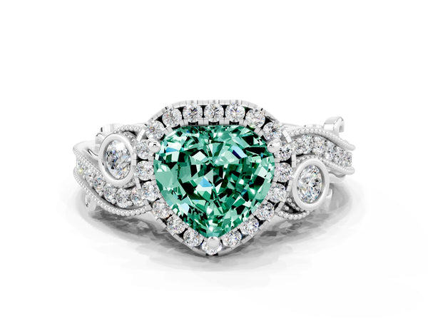 White gold Heart Cut Green Sapphire Halo Ring with Milgrain Pavé Band and Four-Prong Setting