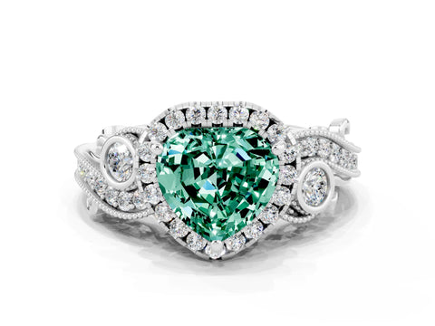White gold Heart Cut Green Sapphire Halo Ring with Milgrain Pavé Band and Four-Prong Setting_12