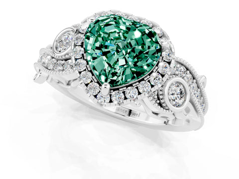 White gold Heart Cut Green Sapphire Halo Ring with Milgrain Pavé Band and Four-Prong Setting_13