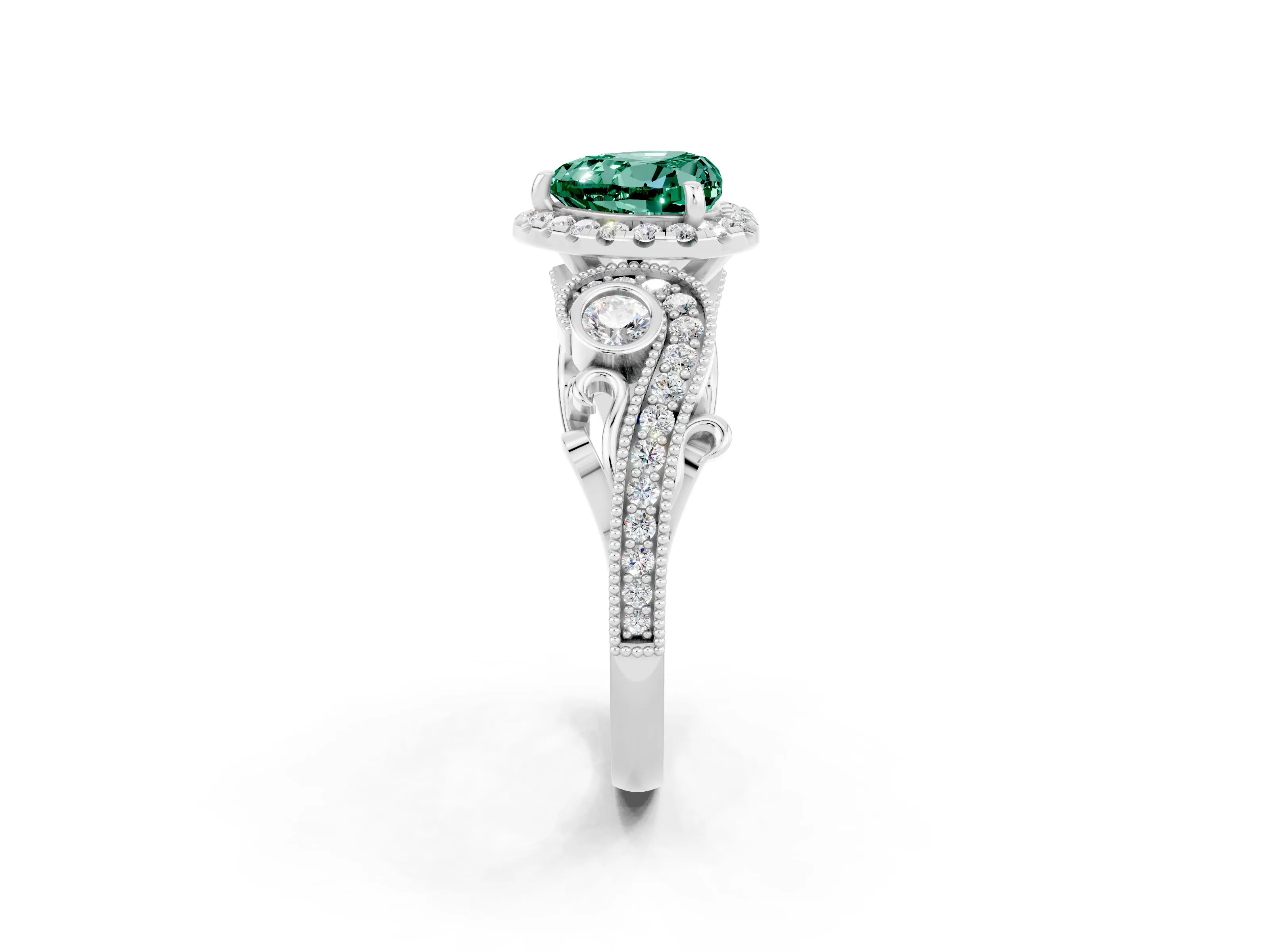 White gold Heart Cut Green Sapphire Halo Ring with Milgrain Pavé Band and Four-Prong Setting_14