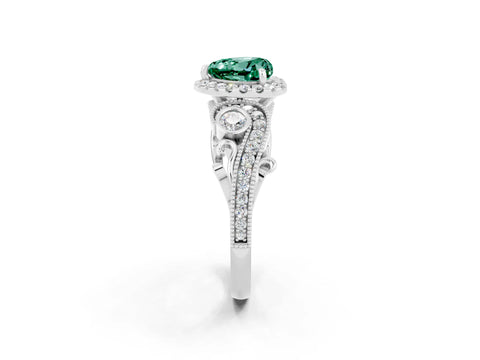 White gold Heart Cut Green Sapphire Halo Ring with Milgrain Pavé Band and Four-Prong Setting_14