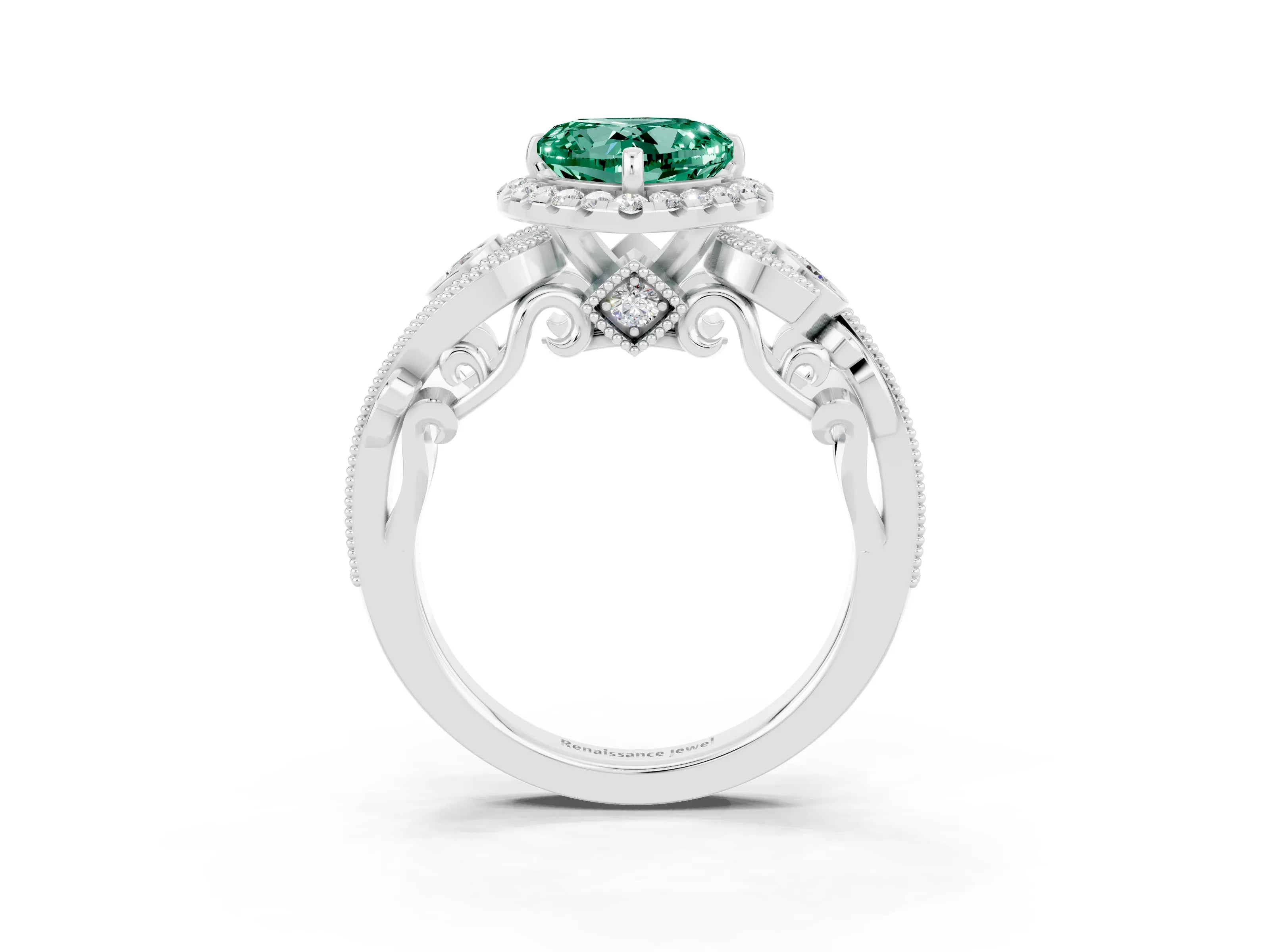 White gold Heart Cut Green Sapphire Halo Ring with Milgrain Pavé Band and Four-Prong Setting_15