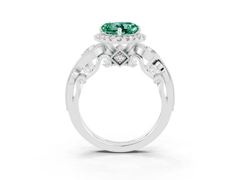 White gold Heart Cut Green Sapphire Halo Ring with Milgrain Pavé Band and Four-Prong Setting_15