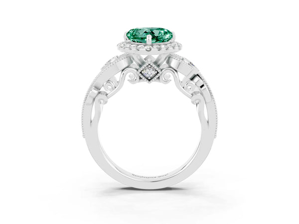 White gold Heart Cut Green Sapphire Halo Ring with Milgrain Pavé Band and Four-Prong Setting