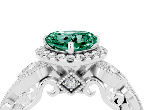 White gold Heart Cut Green Sapphire Halo Ring with Milgrain Pavé Band and Four-Prong Setting_16
