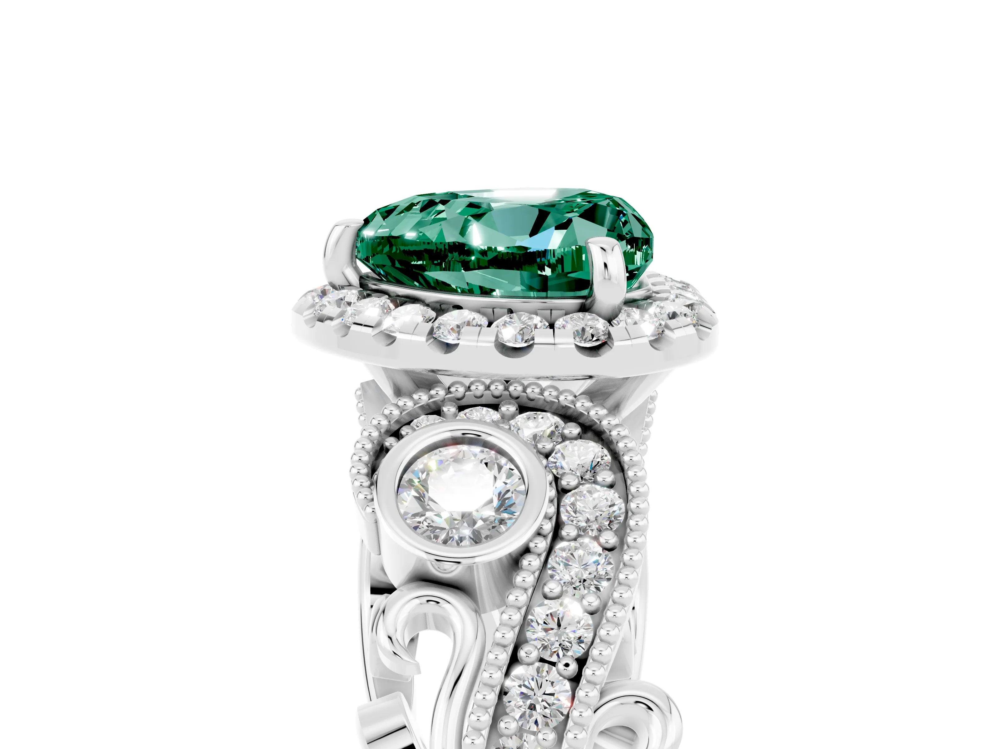White gold Heart Cut Green Sapphire Halo Ring with Milgrain Pavé Band and Four-Prong Setting_17