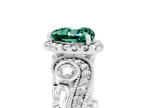 White gold Heart Cut Green Sapphire Halo Ring with Milgrain Pavé Band and Four-Prong Setting_17