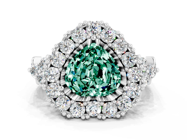 Platinum Heart Cut Green Sapphire Halo Ring with Pavé Band and Four-Prong Setting